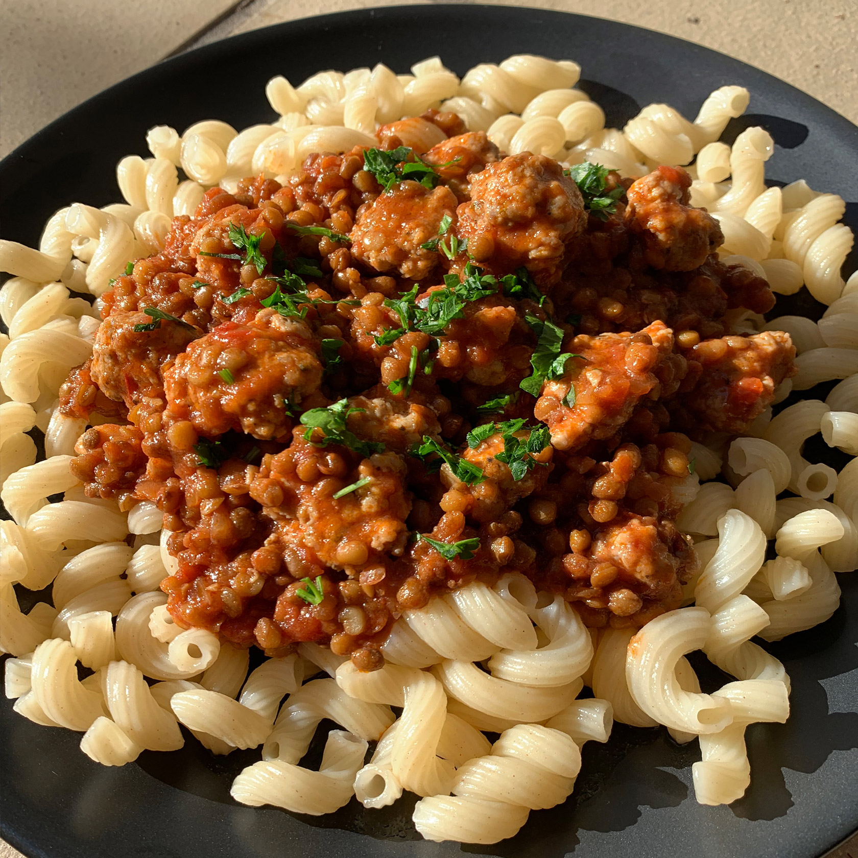 Lentil and Salchicha (sausage) with Pasta